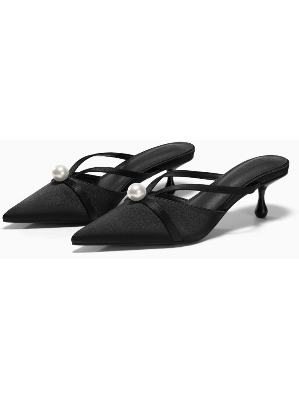 Women's Black Pearl Kitten Heels Closed Pointed Toe Satin Mules Sandals - Picture 5 of 6